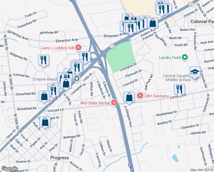 map of restaurants, bars, coffee shops, grocery stores, and more near 122 South Revere Street in Harrisburg