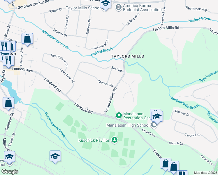 map of restaurants, bars, coffee shops, grocery stores, and more near 3 Chaucer Road in Manalapan Township