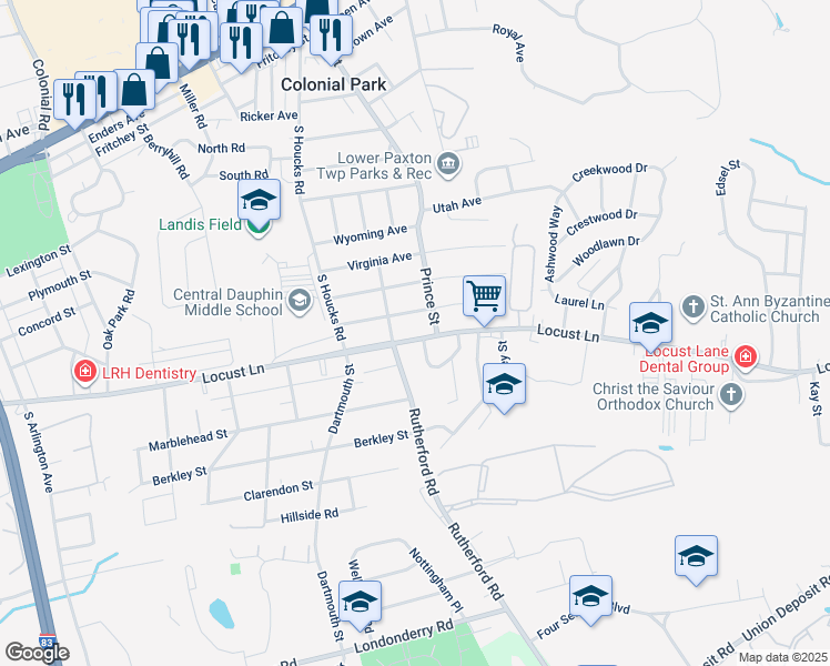 map of restaurants, bars, coffee shops, grocery stores, and more near 4924 Locust Lane in Harrisburg