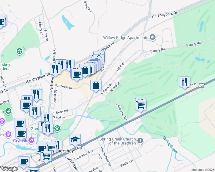 map of restaurants, bars, coffee shops, grocery stores, and more near 330 East Derry Road in Hershey
