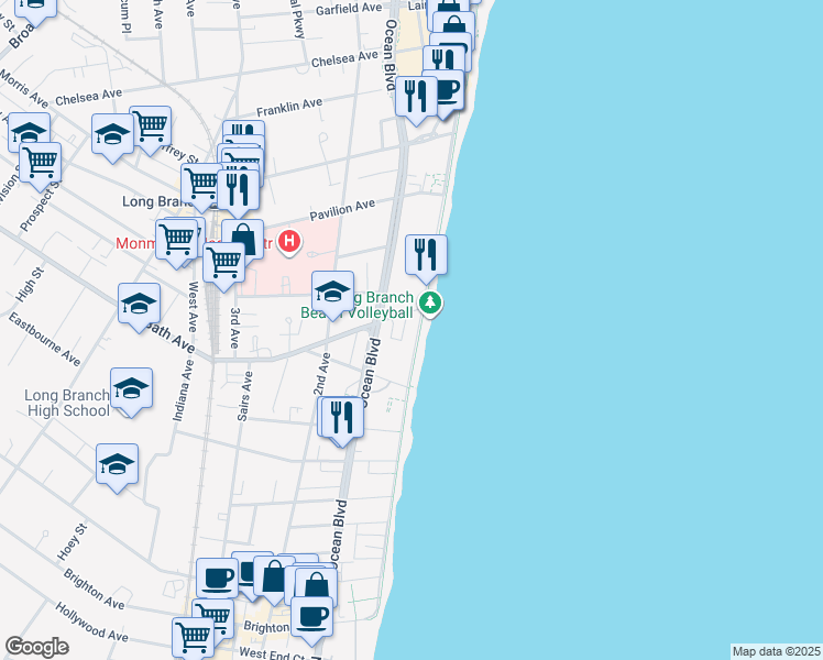 map of restaurants, bars, coffee shops, grocery stores, and more near 2 North Bath Avenue in Long Branch