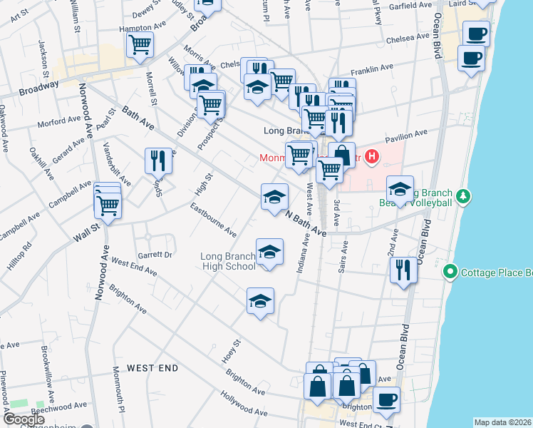 map of restaurants, bars, coffee shops, grocery stores, and more near 373 Westwood Avenue in Long Branch