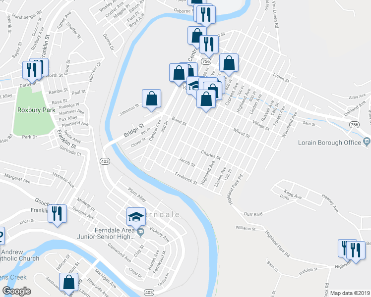 map of restaurants, bars, coffee shops, grocery stores, and more near 732-798 Grove Ave in Johnstown
