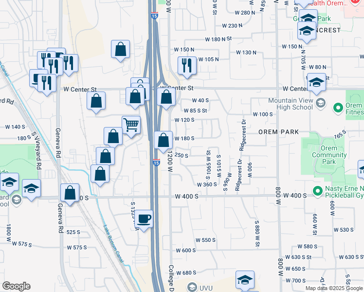 map of restaurants, bars, coffee shops, grocery stores, and more near 1162 West 230 South in Orem
