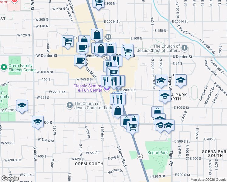 map of restaurants, bars, coffee shops, grocery stores, and more near 212 South State Street in Orem