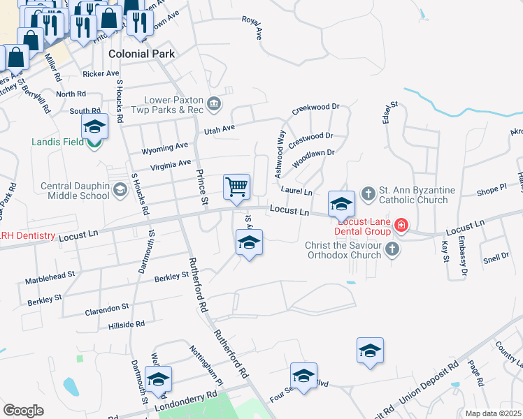map of restaurants, bars, coffee shops, grocery stores, and more near 5023 Locust Lane in Harrisburg