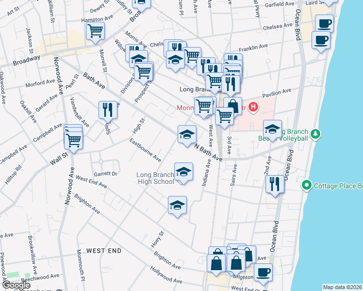 map of restaurants, bars, coffee shops, grocery stores, and more near 373 Westwood Avenue in Long Branch