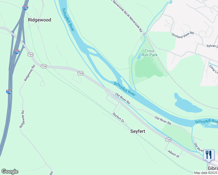 map of restaurants, bars, coffee shops, grocery stores, and more near 1453 Old River Road in Birdsboro
