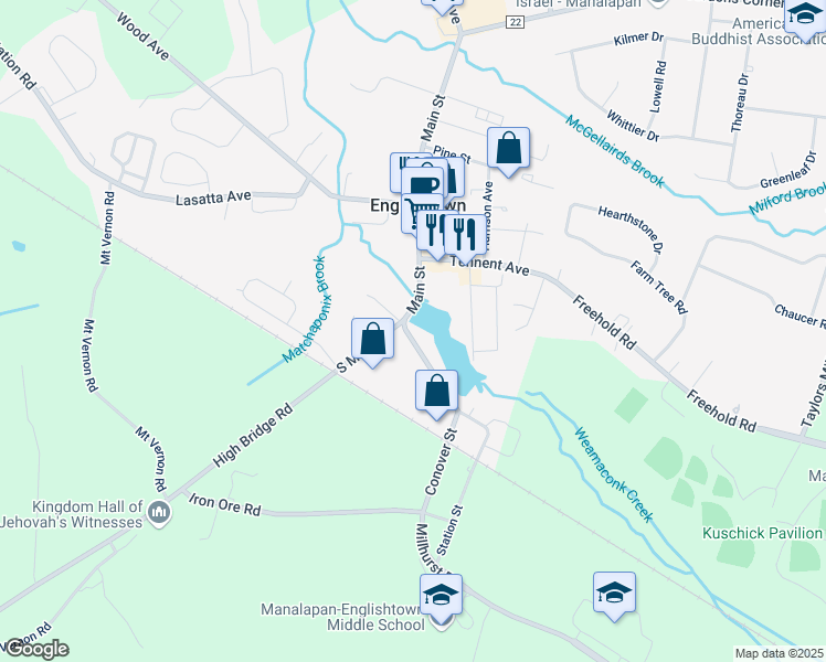 map of restaurants, bars, coffee shops, grocery stores, and more near 2 Park Avenue in Englishtown