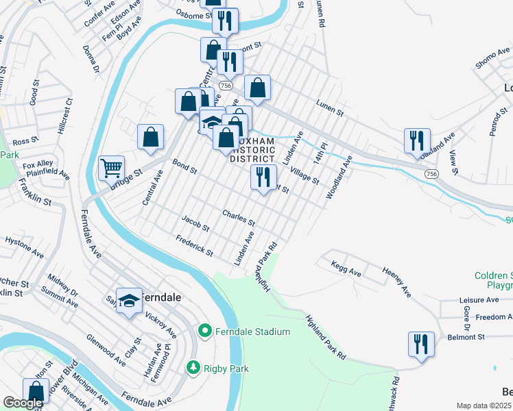 map of restaurants, bars, coffee shops, grocery stores, and more near 701R Linden Avenue in Johnstown