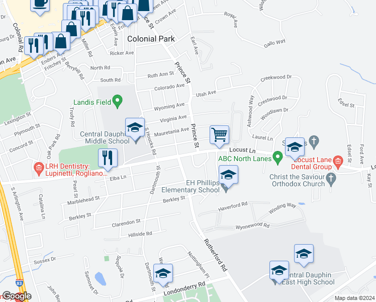 map of restaurants, bars, coffee shops, grocery stores, and more near 4924 Locust Lane in Harrisburg