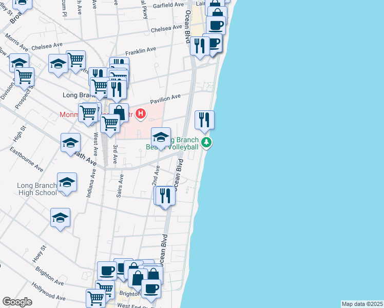 map of restaurants, bars, coffee shops, grocery stores, and more near 2 North Bath Avenue in Long Branch