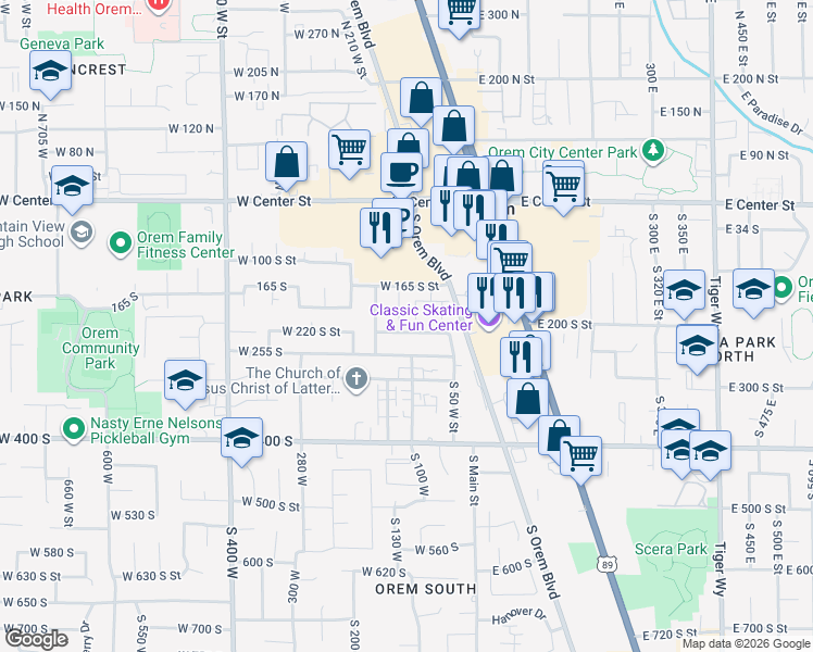map of restaurants, bars, coffee shops, grocery stores, and more near 118 W 220 S in Orem