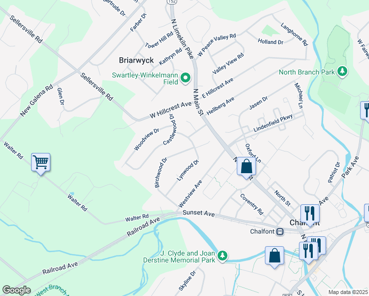 map of restaurants, bars, coffee shops, grocery stores, and more near 89 Birchwood Drive in Chalfont