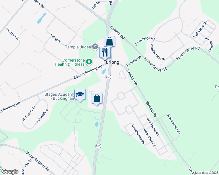 map of restaurants, bars, coffee shops, grocery stores, and more near 3409 Old York Road in Furlong