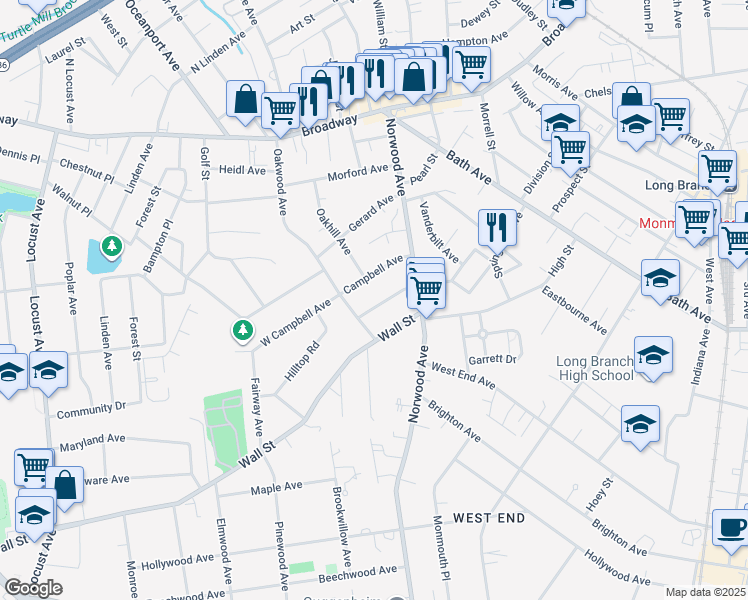 map of restaurants, bars, coffee shops, grocery stores, and more near 191 Oakwood Avenue in Long Branch