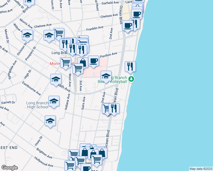 map of restaurants, bars, coffee shops, grocery stores, and more near 345 2nd Avenue in Long Branch