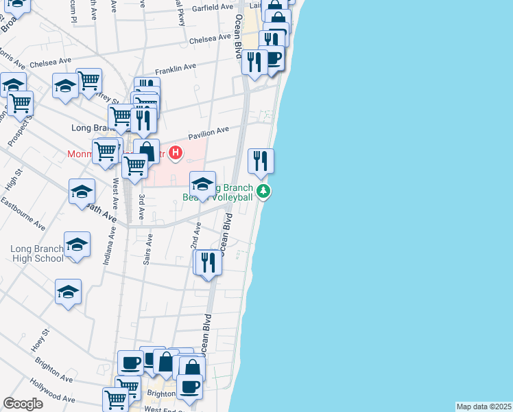 map of restaurants, bars, coffee shops, grocery stores, and more near 2 North Bath Avenue in Long Branch