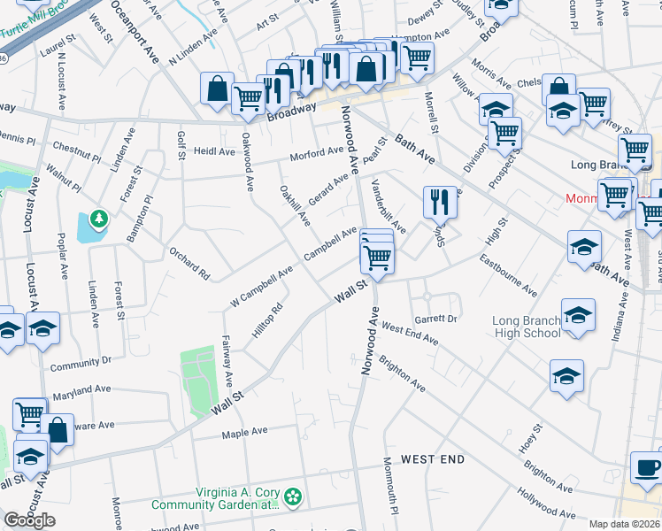 map of restaurants, bars, coffee shops, grocery stores, and more near 191 Oakwood Avenue in Long Branch