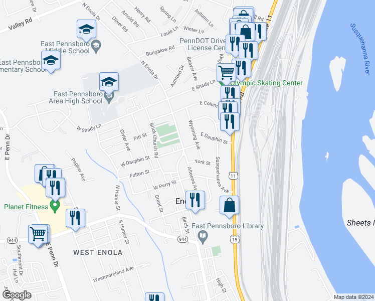 map of restaurants, bars, coffee shops, grocery stores, and more near 132 Altoona Avenue in Enola