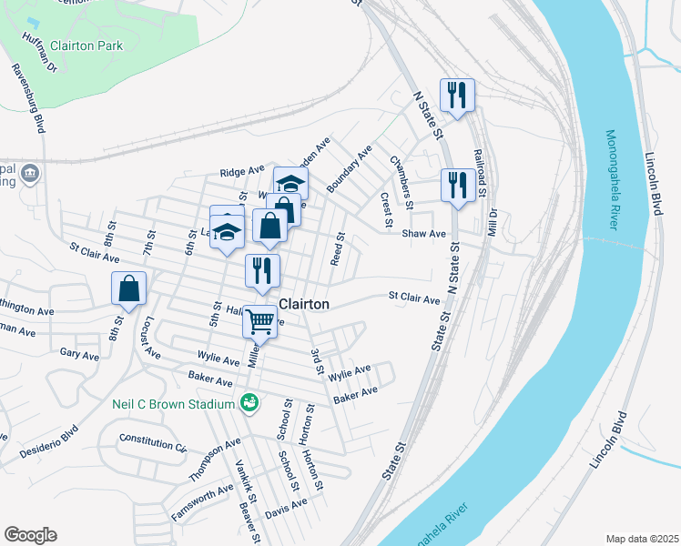 map of restaurants, bars, coffee shops, grocery stores, and more near 240 Waddell Avenue in Clairton