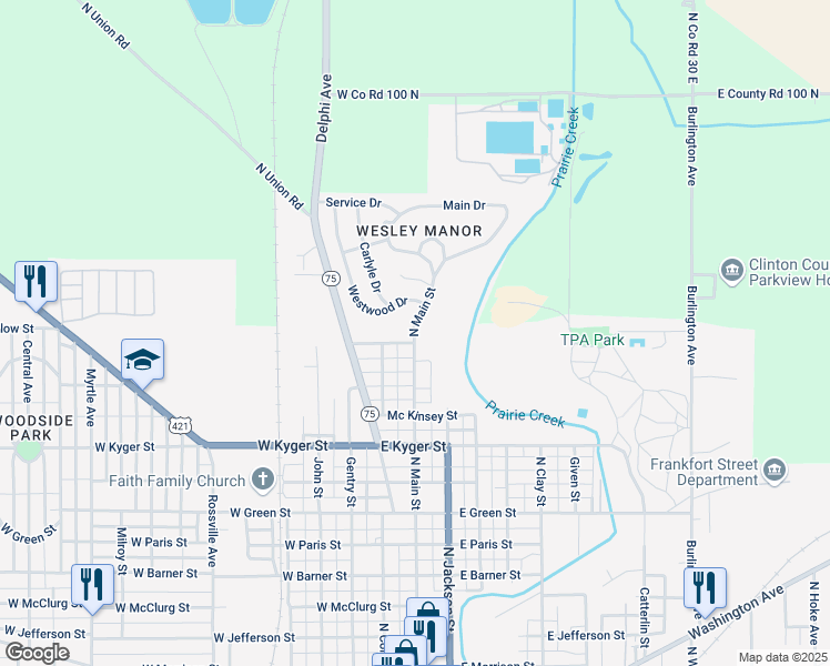map of restaurants, bars, coffee shops, grocery stores, and more near 1408 North Main Street in Frankfort