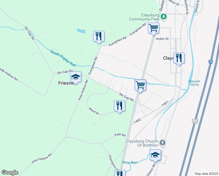 map of restaurants, bars, coffee shops, grocery stores, and more near Ski Gap Road in Claysburg