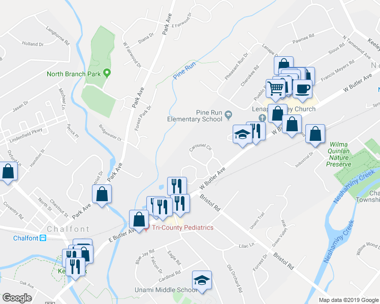 map of restaurants, bars, coffee shops, grocery stores, and more near 119 Carousel Circle in Doylestown