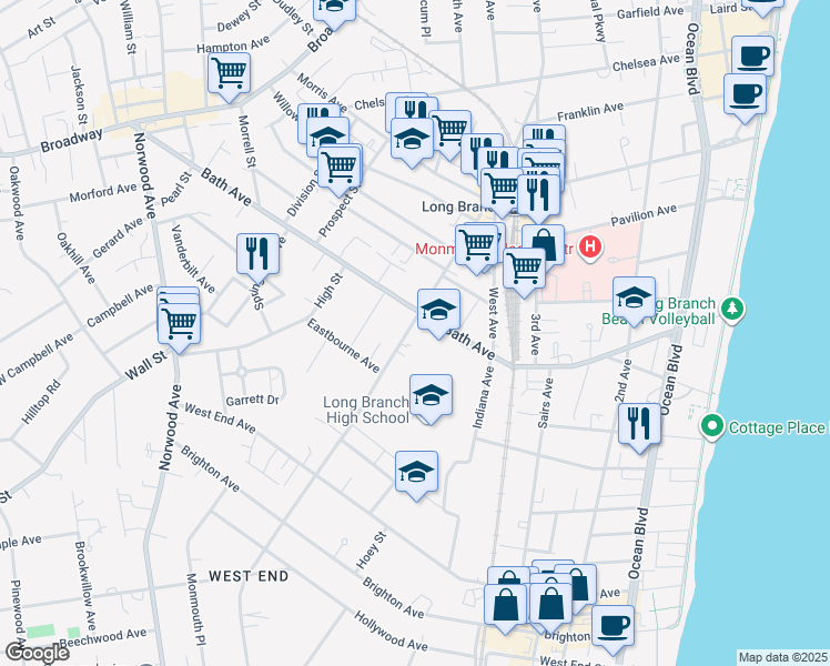 map of restaurants, bars, coffee shops, grocery stores, and more near 373 Westwood Avenue in Long Branch