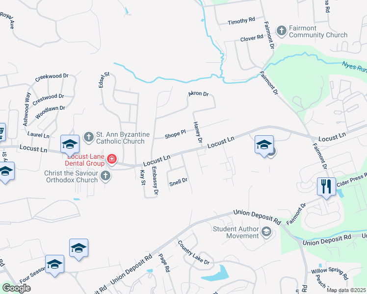 map of restaurants, bars, coffee shops, grocery stores, and more near 5832 Locust Lane in Harrisburg