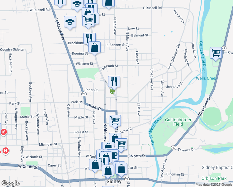 map of restaurants, bars, coffee shops, grocery stores, and more near 720 North Main Avenue in Sidney