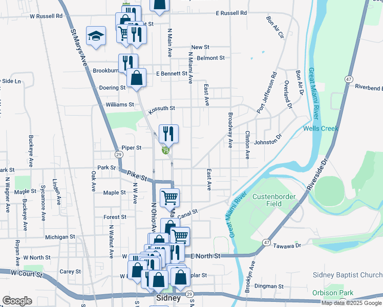 map of restaurants, bars, coffee shops, grocery stores, and more near North Miami Avenue in Sidney