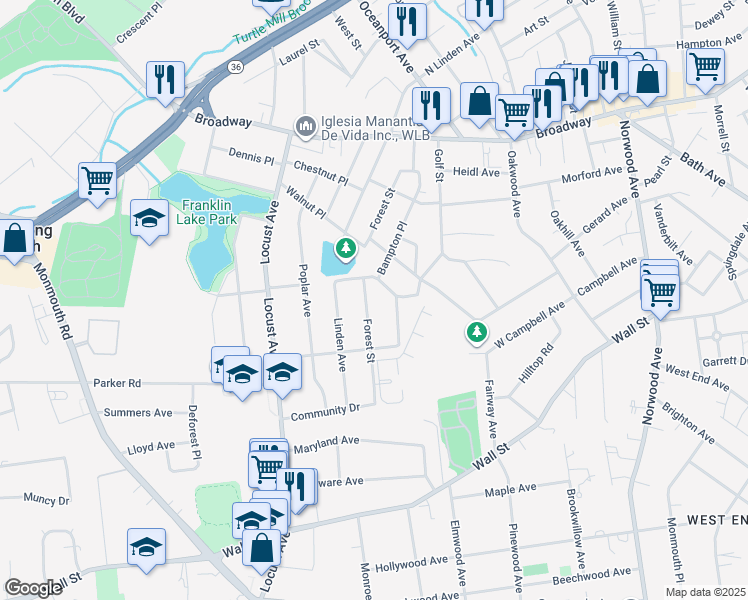 map of restaurants, bars, coffee shops, grocery stores, and more near 80 Forest Street in West Long Branch
