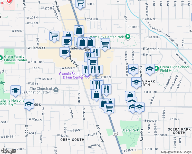 map of restaurants, bars, coffee shops, grocery stores, and more near 212 South State Street in Orem