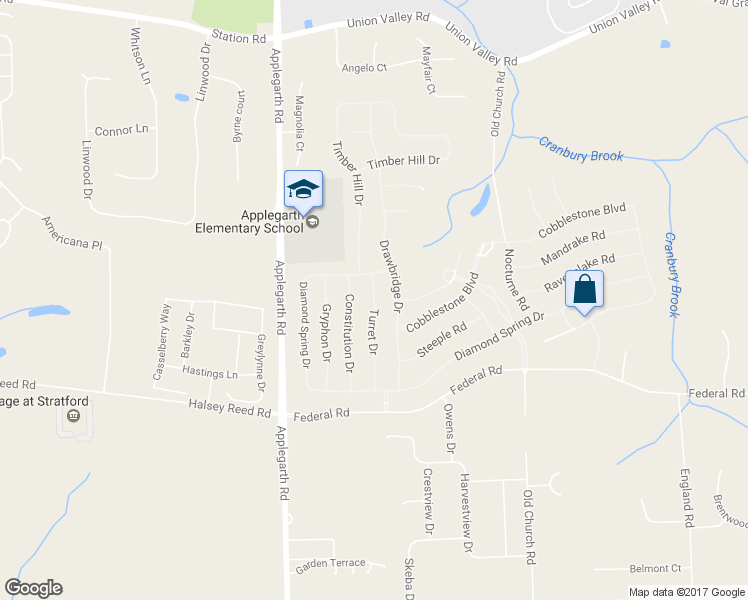 map of restaurants, bars, coffee shops, grocery stores, and more near 23 Turret Drive in Monroe Township