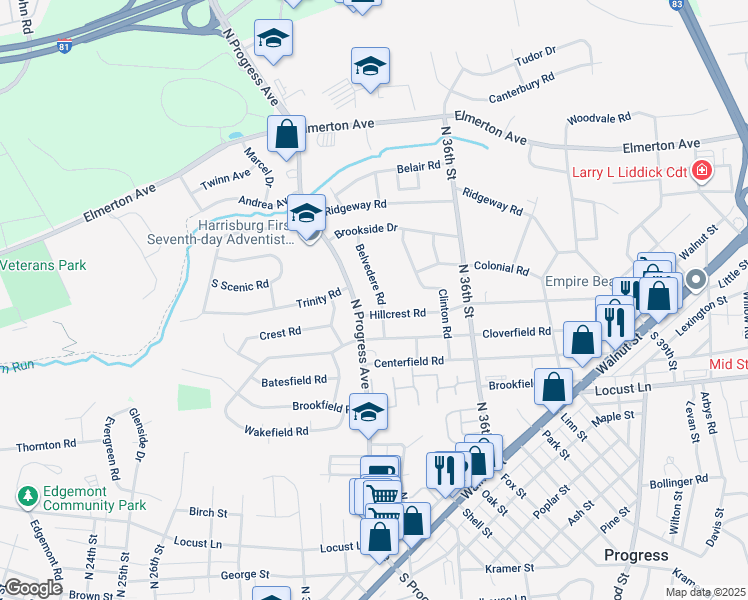 map of restaurants, bars, coffee shops, grocery stores, and more near 400 Belvedere Road in Harrisburg