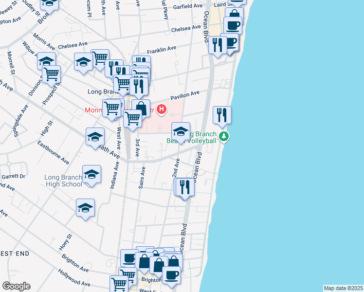 map of restaurants, bars, coffee shops, grocery stores, and more near 345 2nd Avenue in Long Branch