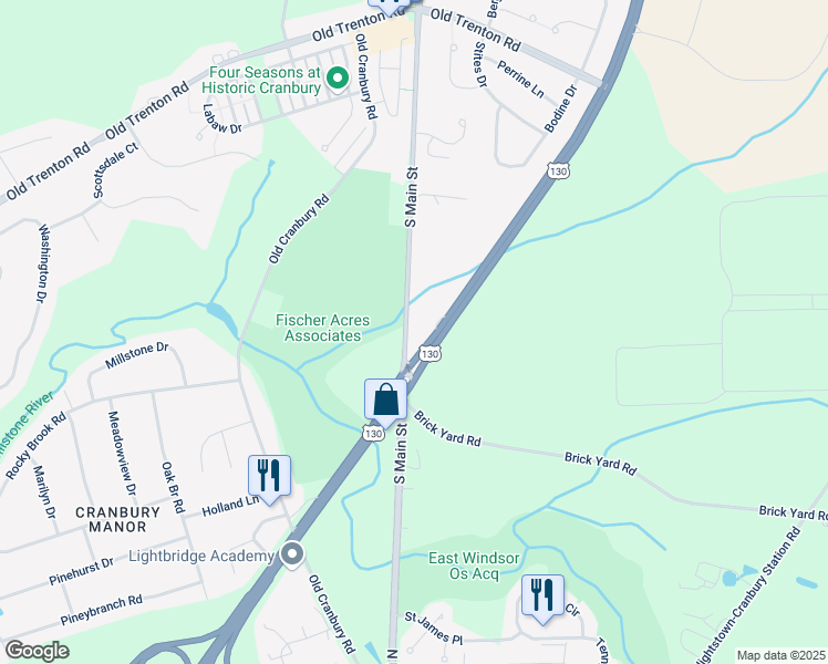map of restaurants, bars, coffee shops, grocery stores, and more near 110 South Main Street in Cranbury