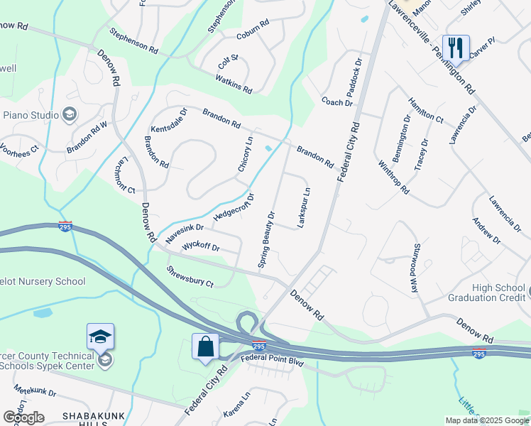 map of restaurants, bars, coffee shops, grocery stores, and more near 185 Spring Beauty Drive in Lawrence Township