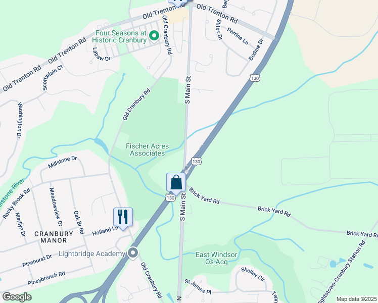 map of restaurants, bars, coffee shops, grocery stores, and more near 110 South Main Street in Cranbury