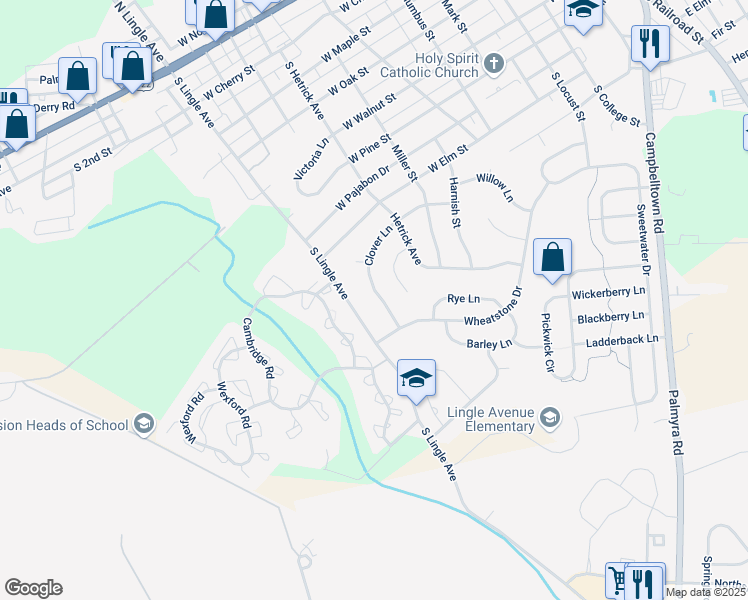 map of restaurants, bars, coffee shops, grocery stores, and more near 25 Clover Lane in Palmyra