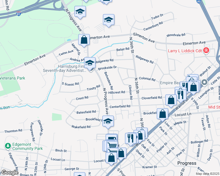 map of restaurants, bars, coffee shops, grocery stores, and more near 400 Belvedere Road in Harrisburg