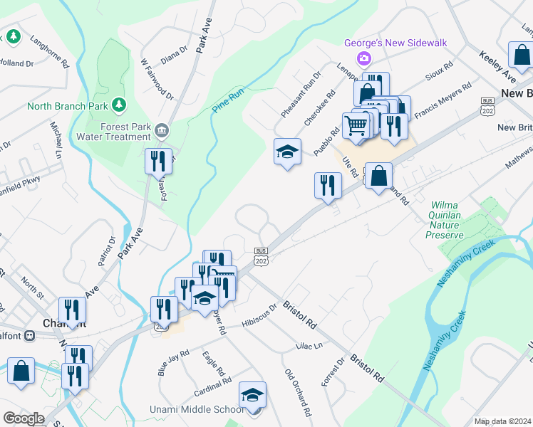 map of restaurants, bars, coffee shops, grocery stores, and more near 23 Carousel Circle in Doylestown