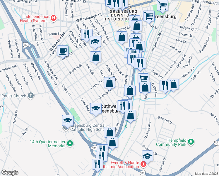 map of restaurants, bars, coffee shops, grocery stores, and more near 401 Guthrie Street in Greensburg