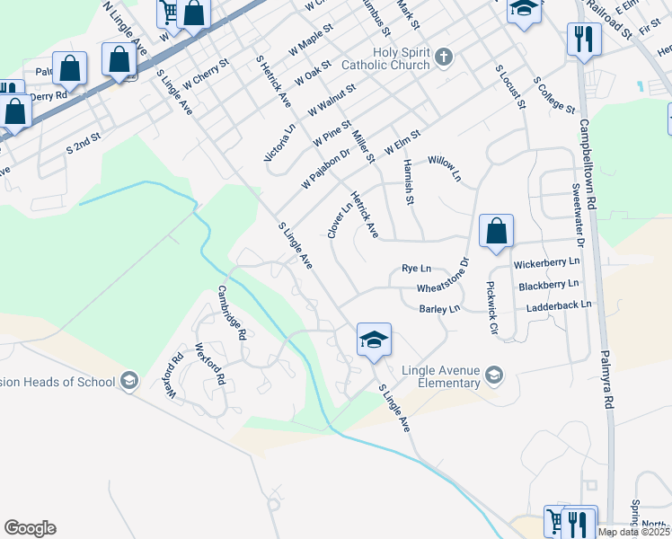map of restaurants, bars, coffee shops, grocery stores, and more near 25 Clover Lane in Palmyra