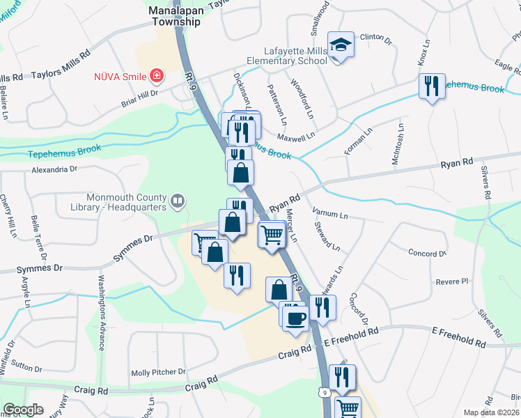 map of restaurants, bars, coffee shops, grocery stores, and more near 55 Route 9 in Manalapan Township