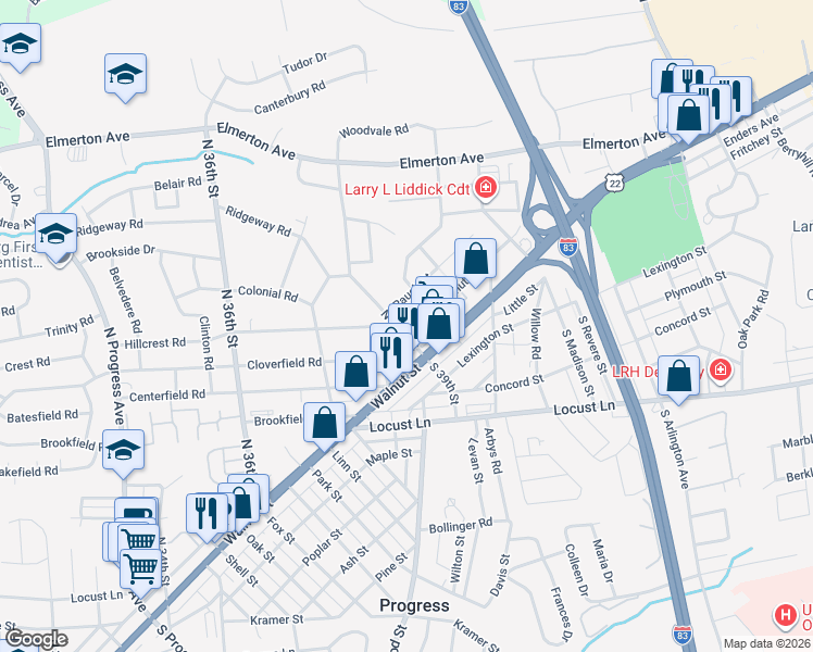 map of restaurants, bars, coffee shops, grocery stores, and more near 9 North 39th Street in Harrisburg