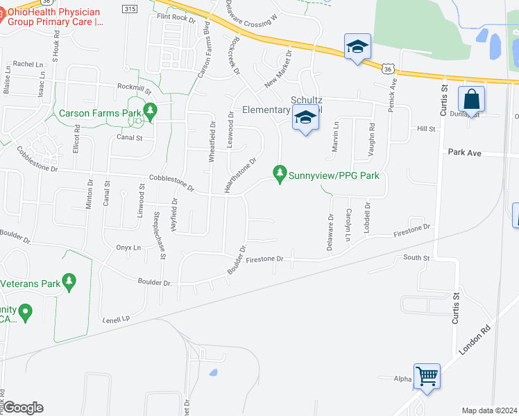 map of restaurants, bars, coffee shops, grocery stores, and more near 635 Pebble Place Drive in Delaware