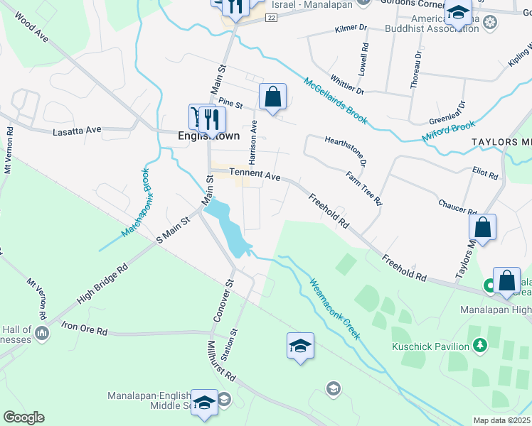 map of restaurants, bars, coffee shops, grocery stores, and more near 17 McDonald Way in Englishtown