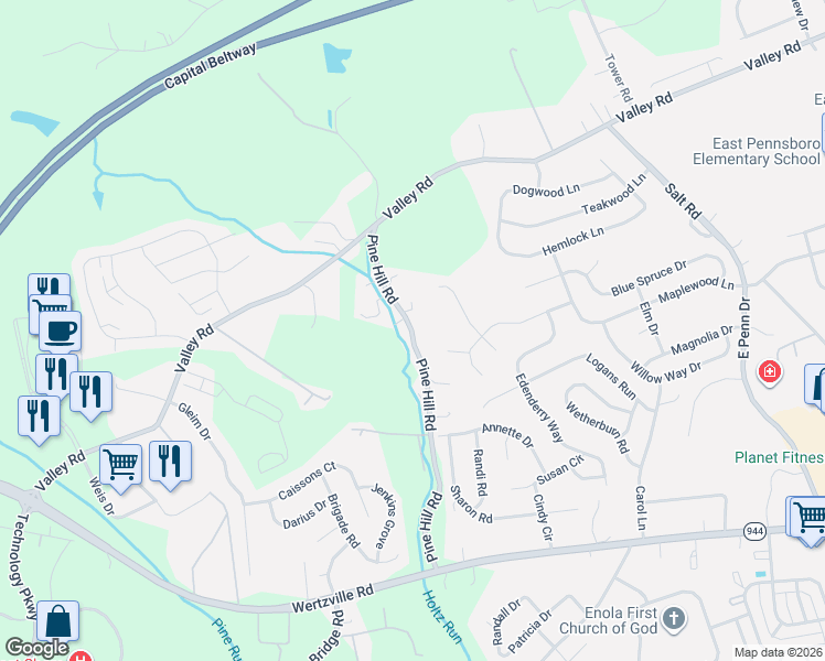 map of restaurants, bars, coffee shops, grocery stores, and more near 86 Pine Hill Road in Enola